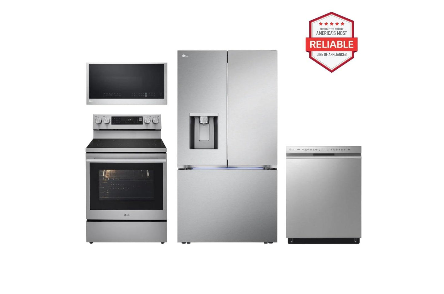 Lg LRYXC2606SLREN6325XEMVEL2033FLDFN4542S 26 cu. ft. Smart Counter-Depth MAX™ French Door Refrigerator with Freestanding Electric Range, Front Control Dishwasher and Microwave Kitchen Package in Stainless Steel