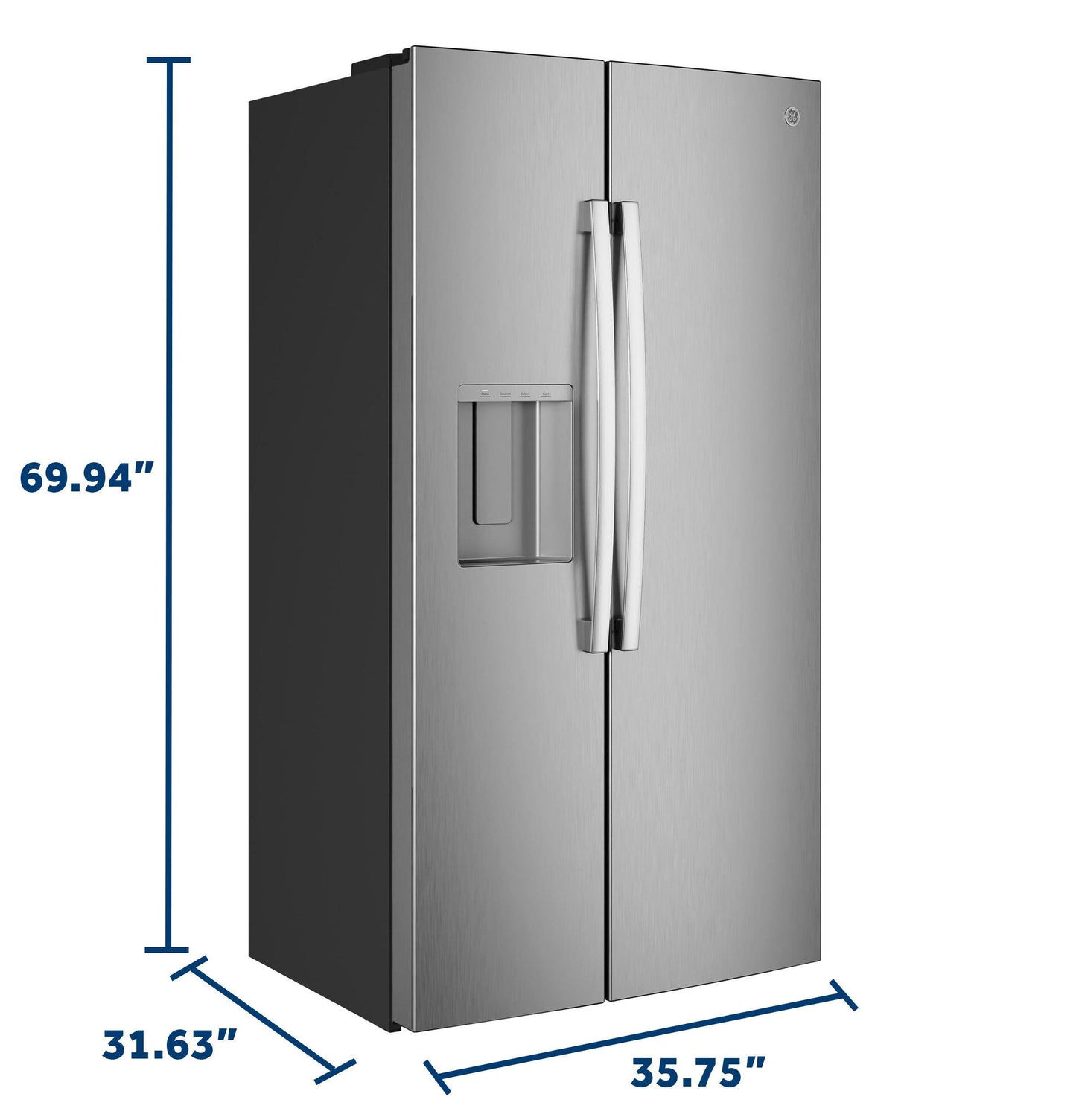 GZS24NYYFS GE® 23.6 Cu. Ft. Counter-Depth Side-By-Side Refrigerator with Extra Tall Dispenser and In-Door Icemaker