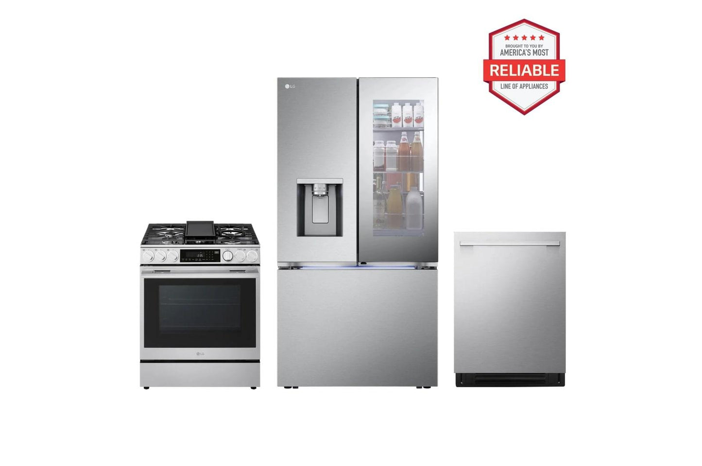 Lg LRYKC2606SLSGL6337XLDNTH753S 26 cu. ft. Counter-Depth Instaview Craft Ice French Door Refrigerator with Slide-in Gas Range and Top Control Dishwasher Kitchen Package in Stainless Steel