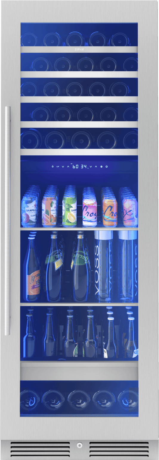 Zephyr PRWB24F02BG Presrv Wine and Beverage Cooler, 24in, Full Size, SS+Glass, Reversible Door, 2 Zones