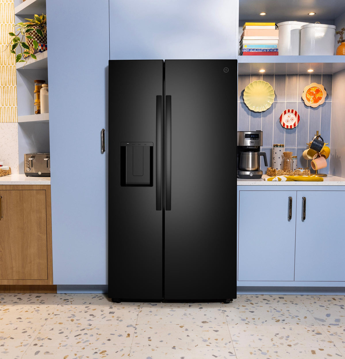 GZS24NGYBB GE® 23.6 Cu. Ft. Counter-Depth Side-By-Side Refrigerator with Extra Tall Dispenser and In-Door Icemaker