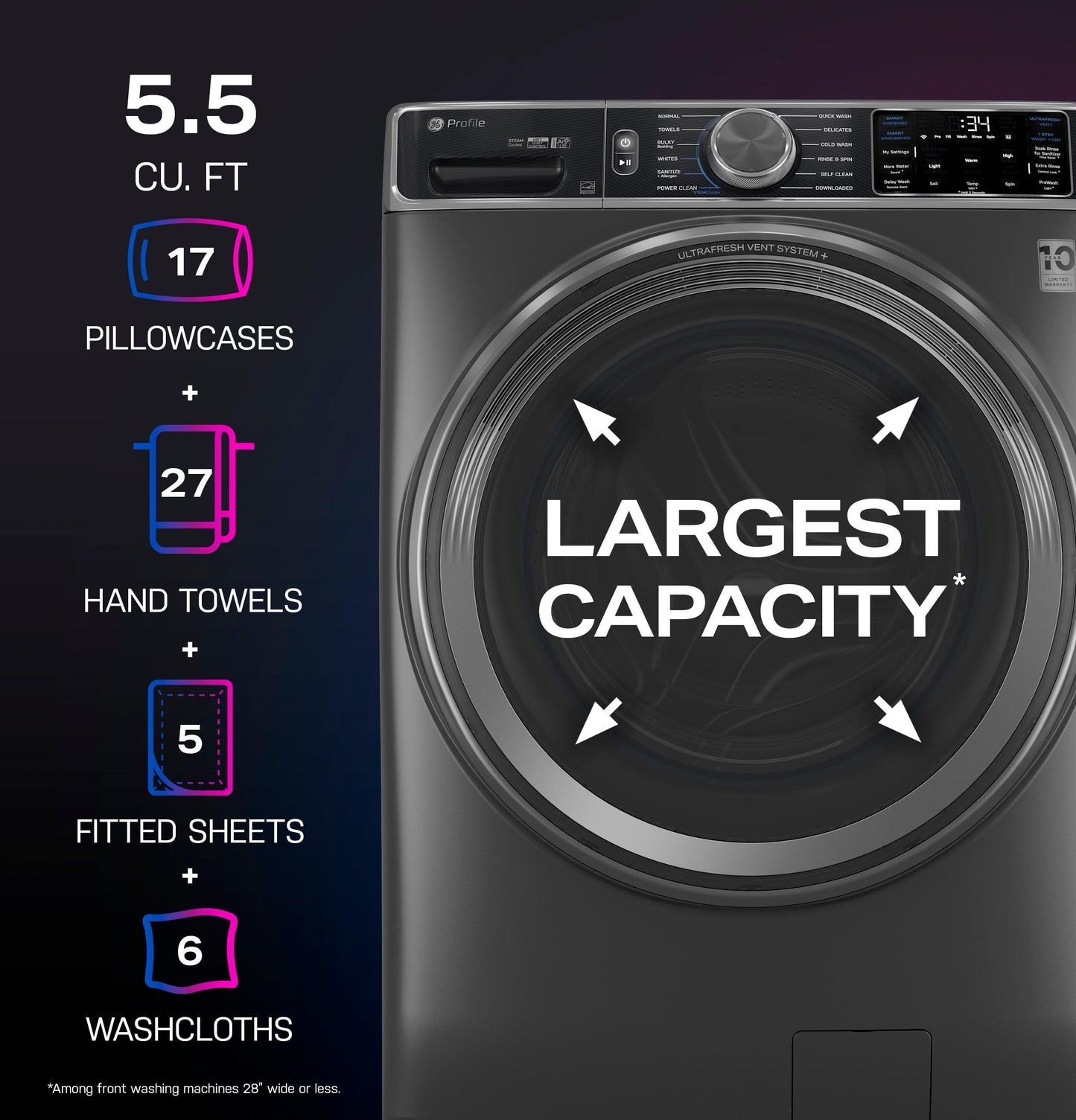 PFW955SPWDS GE Profile™ 5.5 cu. ft. Capacity Smart Front Load ENERGY STAR® Steam Washer with UltraFresh Vent System+ and Smart Wash & Smart Rinse