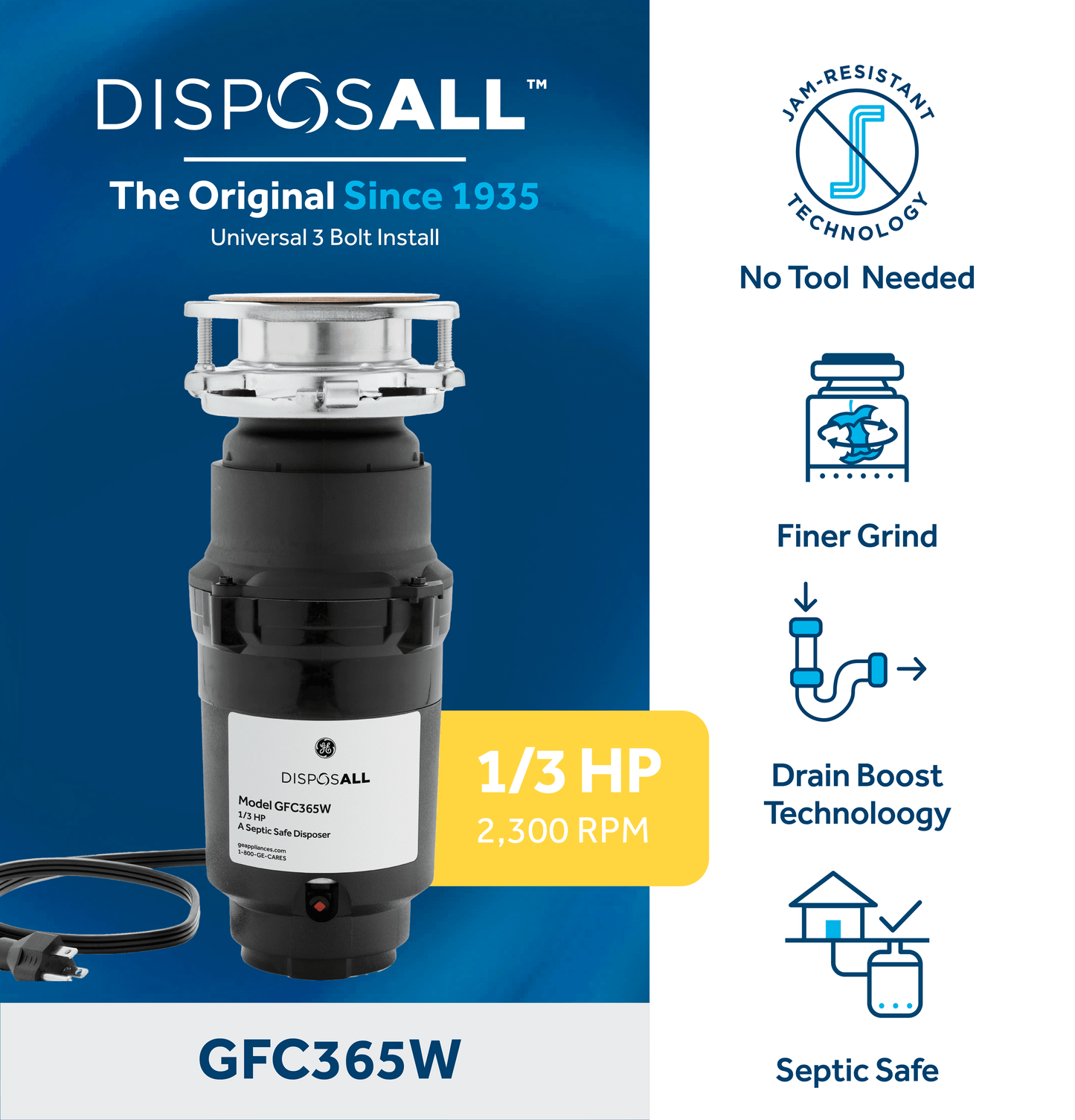 GFC365W GE DISPOSALL® 1/3 HP Continuous Feed Garbage Disposer - Corded