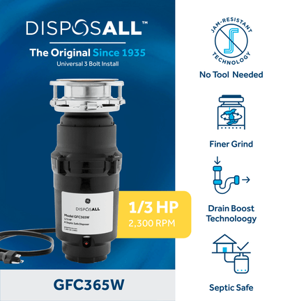 GFC365W GE DISPOSALL® 1/3 HP Continuous Feed Garbage Disposer - Corded