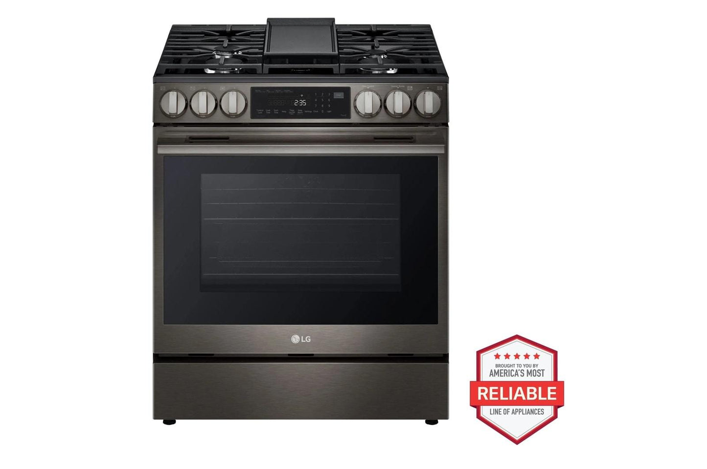 Lg LRMDS3006DLSGL6335ZLDNTM545D 30 cu. ft. Smart Refrigerator with Exterior Water Dispenser and Craft Ice™ with Slide-in Gas Range and FlushFit™ Top Control Dishwasher Kitchen Package in Black Stainless Steel