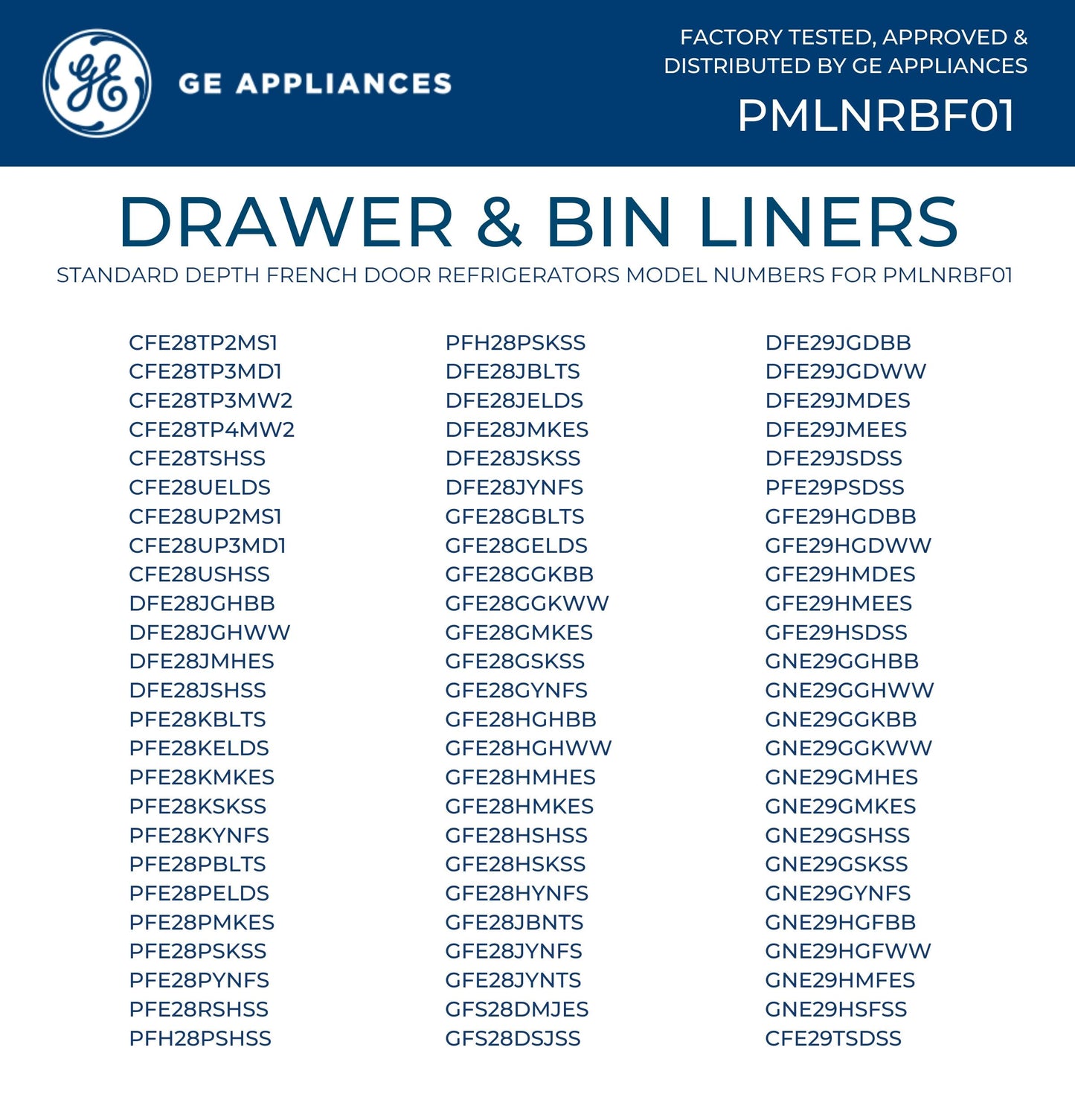 Ge Appliances PMLNRBF01 Drawer & Bin Liners with Microban® for Standard Depth Refrigerators