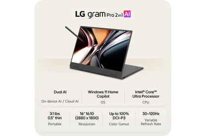 16T95TPKAA77U1 LG gram Pro 2-in-1 16 Inch, Windows 11 Home, Lightweight Dual AI Laptop, Intel® Core™ Ultra 7, 16GB RAM, 1TB SSD, Black