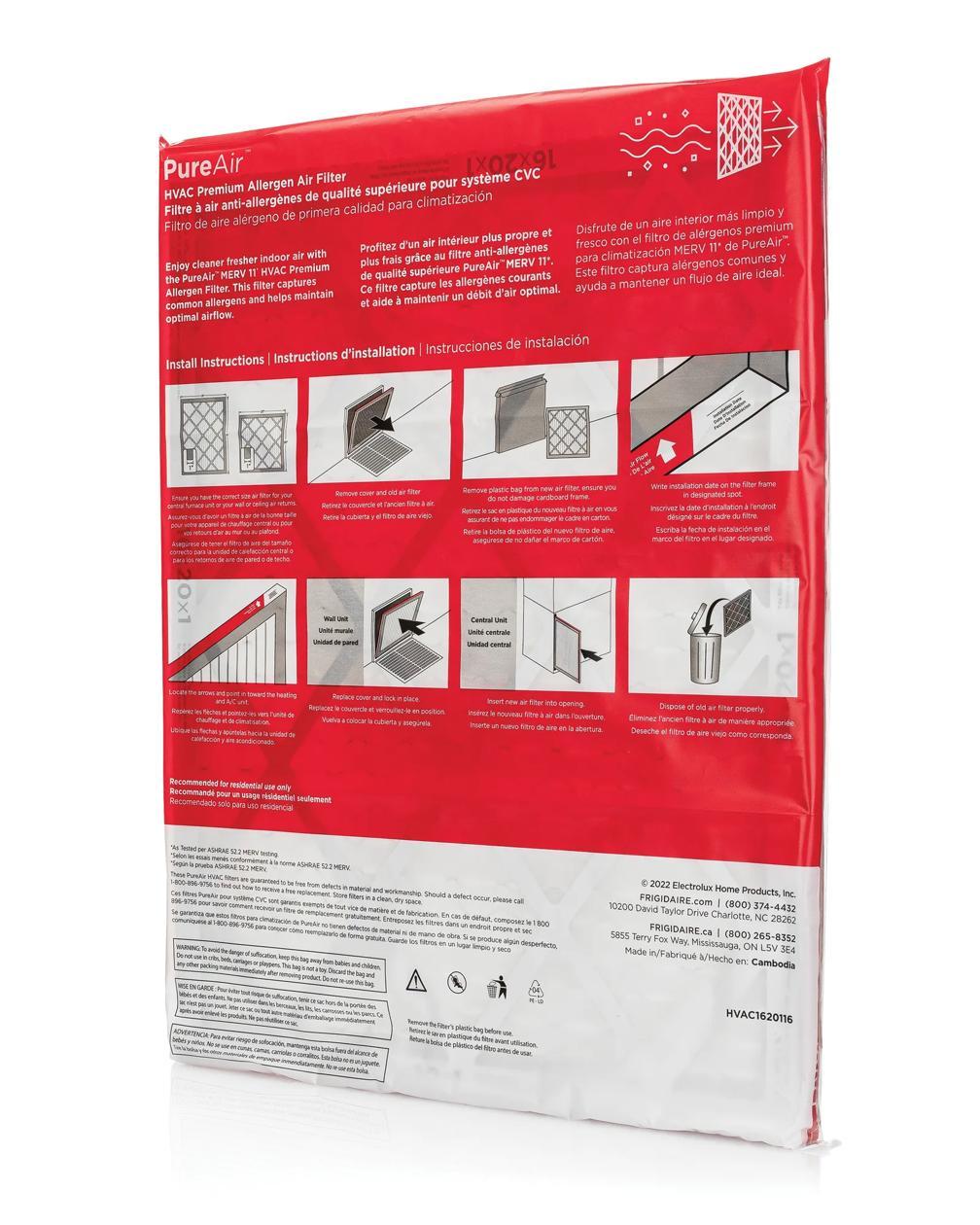 Frigidaire HVAC1620116 PureAir® 16" x 20" x 1" MERV 11 Premium Allergen Air Filter - 6 Pack