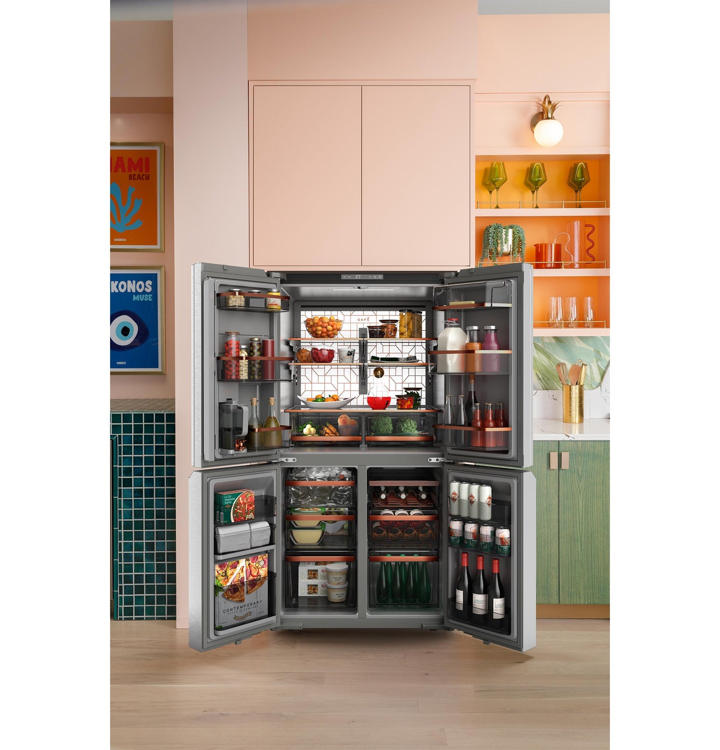 Cafe CHE23DM5WS5 CAF(EBACK)™ ENERGY STAR® 22.9 Cu. Ft. Smart Counter-Depth Quad-Door Refrigerator in Platinum Glass with Dual-Dispense AutoFill Pitcher