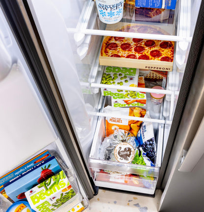 GZS24NYYFS GE® 23.6 Cu. Ft. Counter-Depth Side-By-Side Refrigerator with Extra Tall Dispenser and In-Door Icemaker