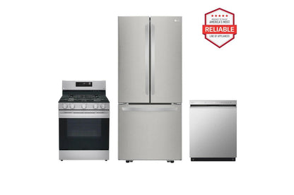 Lg LFCS22520SLRGL5821SLDFN3432T 22 cu. ft. Standard-Depth French Door Refrigerator with Freestanding Gas Range and Front Control Dishwasher Kitchen Package in Stainless Steel