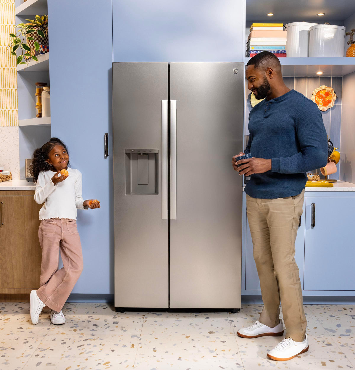GZS24NYYFS GE® 23.6 Cu. Ft. Counter-Depth Side-By-Side Refrigerator with Extra Tall Dispenser and In-Door Icemaker