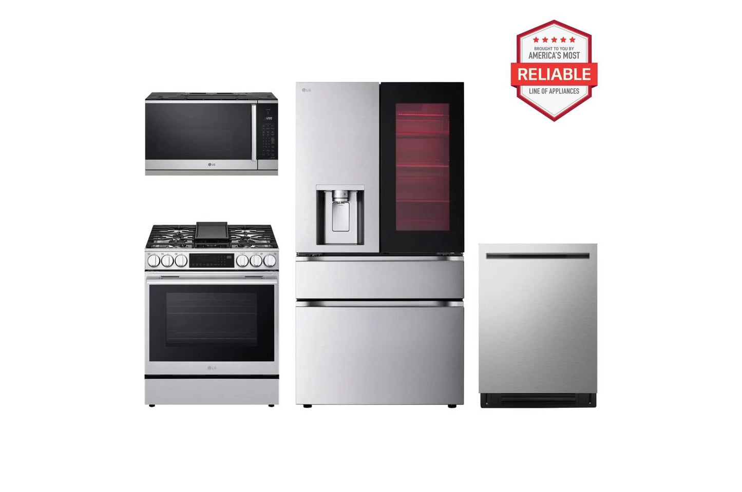 Lg LF29S8365SLSGL6335XMVEL2125XLDNPM654S 29 cu. ft. Smart InstaView® Door-in-Door® Standard-Depth MAX™ 4-Door French Door Refrigerator with Slide-in Gas Range, FlushFit™ Top Control Dishwasher and Microwave Kitchen Package in Stainless Steel
