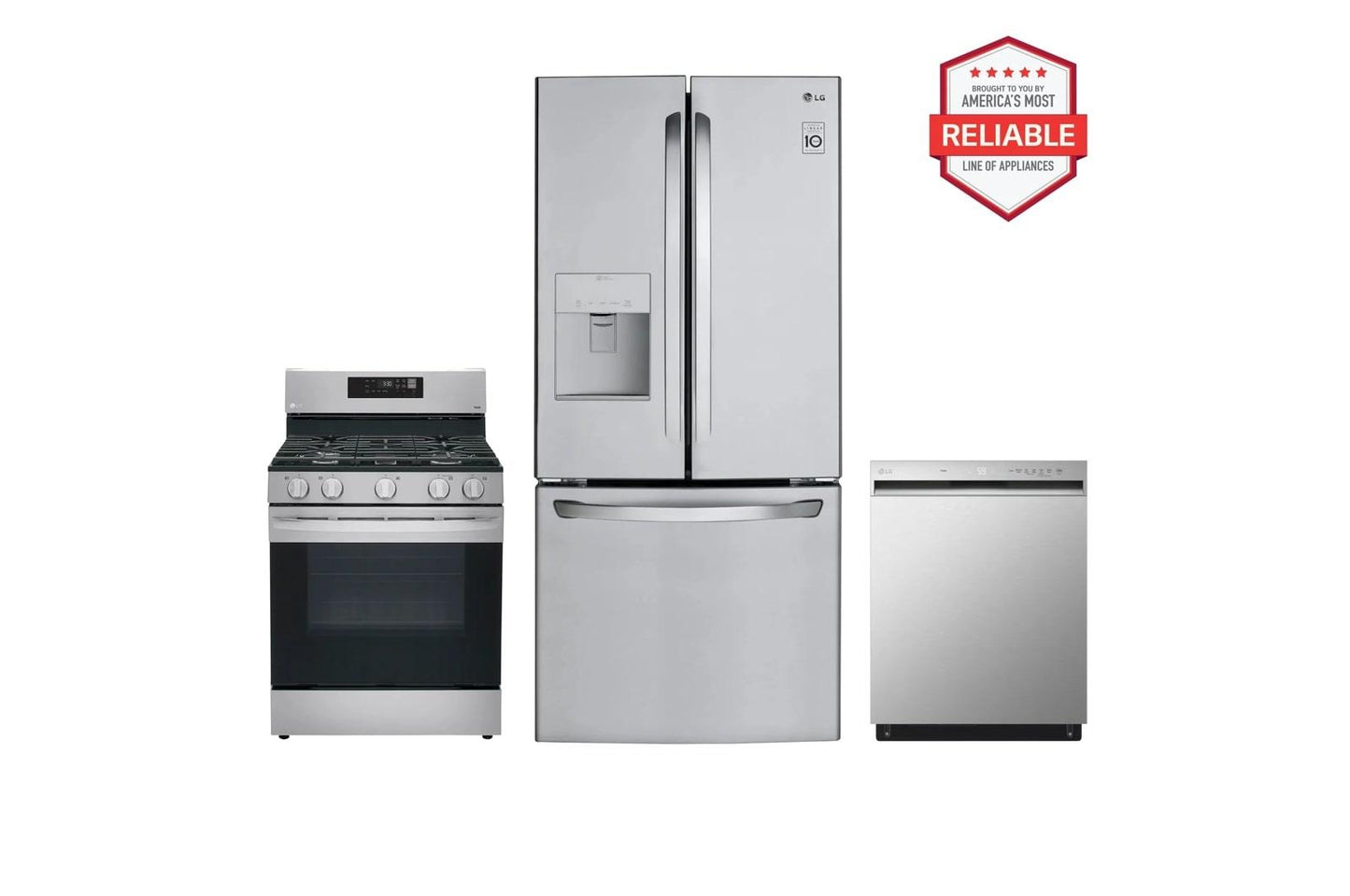 Lg LFDS22520SLRGL5821SLDFN3432T 22 cu. ft. Standard-Depth Exterior Water Dispenser French Door Refrigerator with Freestanding Gas Range and Front Control Dishwasher in Stainless Steel