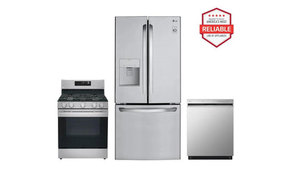 Lg LFDS22520SLRGL5821SLDFN3432T 22 cu. ft. Standard-Depth Exterior Water Dispenser French Door Refrigerator with Freestanding Gas Range and Front Control Dishwasher in Stainless Steel