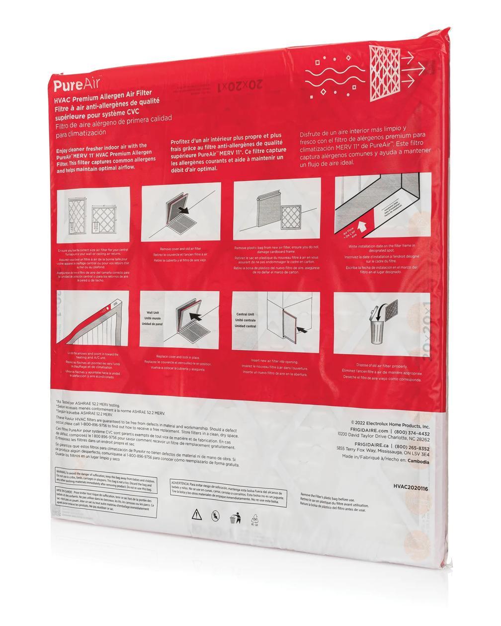 Frigidaire HVAC2020116 PureAir® 20" x 20" x 1" MERV 11 Premium Allergen Air Filter - 6 Pack