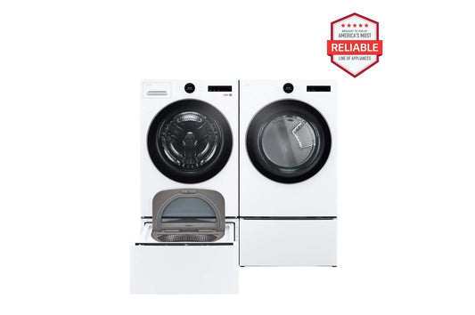 Lg WM6700HWADLEX6700WWD300CWWDP6W 5.0 cu. ft. Front Load Washer and 7.4 cu.ft. Electric Dryer with pedestal washer and drawer Laundry Set in White