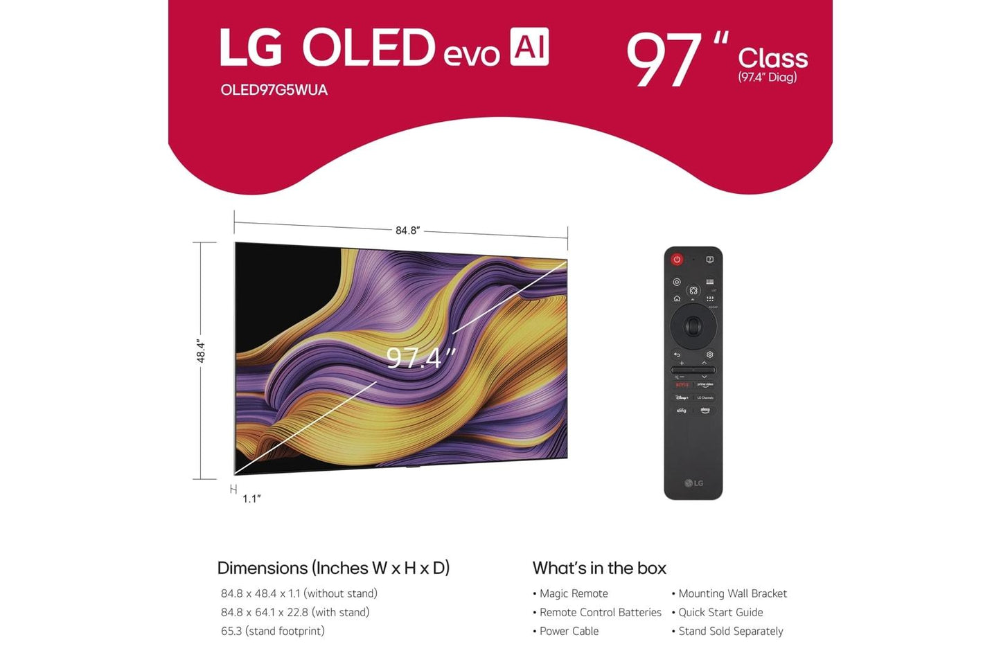 Lg OLED97G5WUA 97 Inch Class LG OLED evo AI G5 4K Smart TV 2025 with Supplied Wall Mount