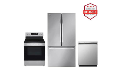 Lg LRFLC2706SLREL6321SLDFN3432T 27 cu. ft. Smart Counter-Depth MAX™ French Door Refrigerator with Freestanding Electric Range and Front Control Dishwasher Kitchen Package in Stainless Steel