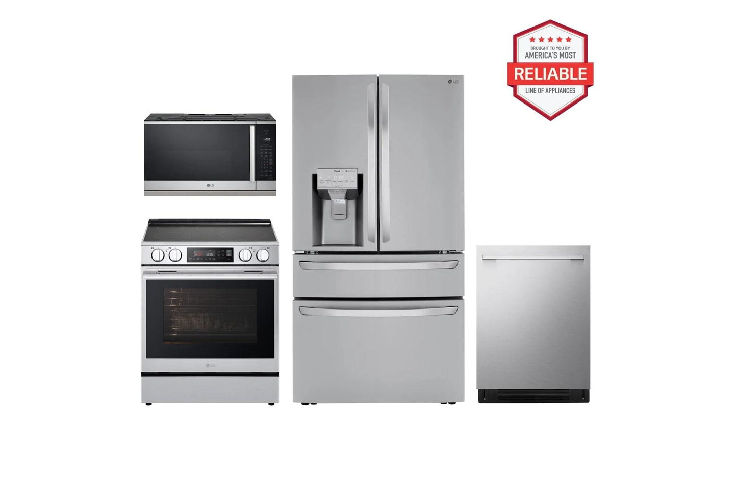 Lg LRMXS3006SLSIL6334XEMVEL2137FLDNTH753S Deluxe Kitchen Package with 30 cu. ft. French Door Refrigerator, Slide-in Induction Range, Top Control Dishwasher and Microwave in Stainless Steel