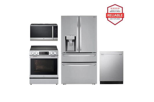 Lg LRMXS3006SLSIL6334XEMVEL2137FLDNTH753S Deluxe Kitchen Package with 30 cu. ft. French Door Refrigerator, Slide-in Induction Range, Top Control Dishwasher and Microwave in Stainless Steel