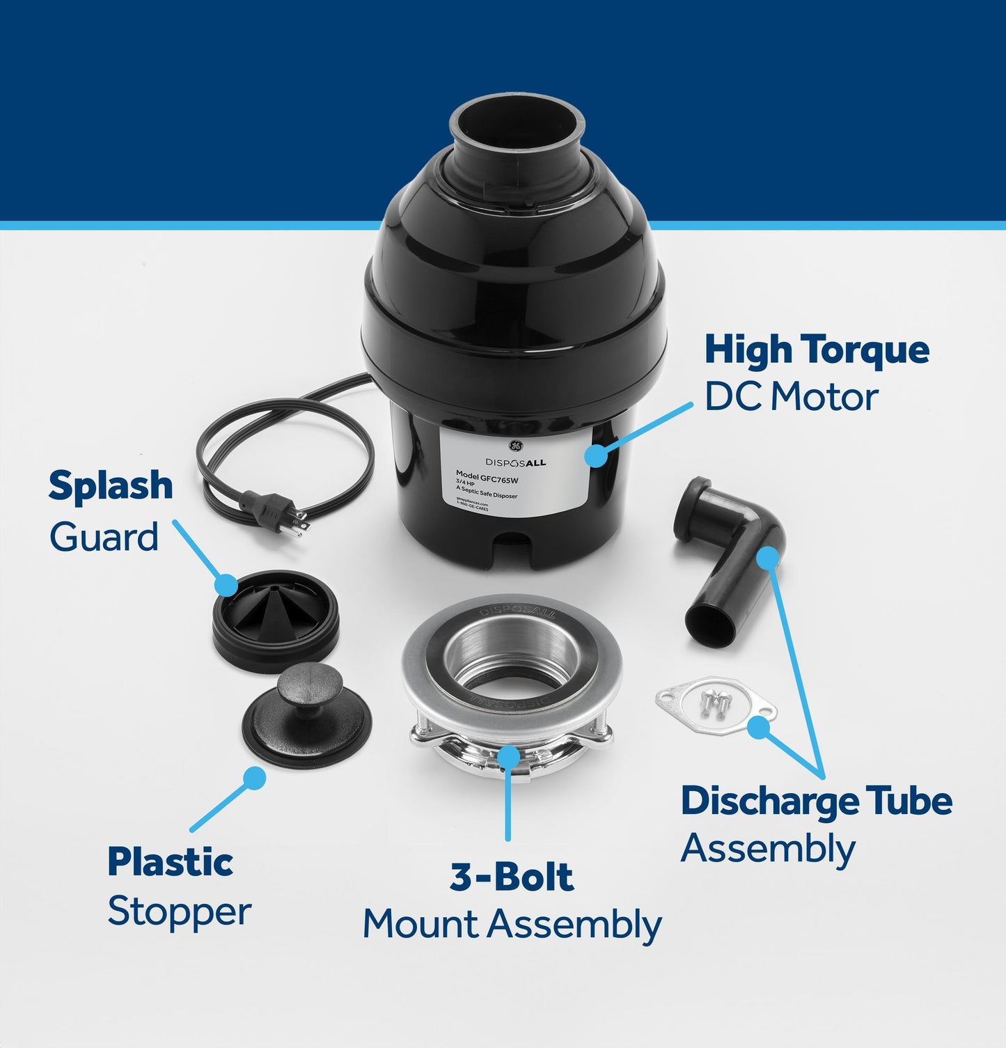 GFC765W GE DISPOSALL® 3/4 HP Continuous Feed Garbage Disposer - Corded