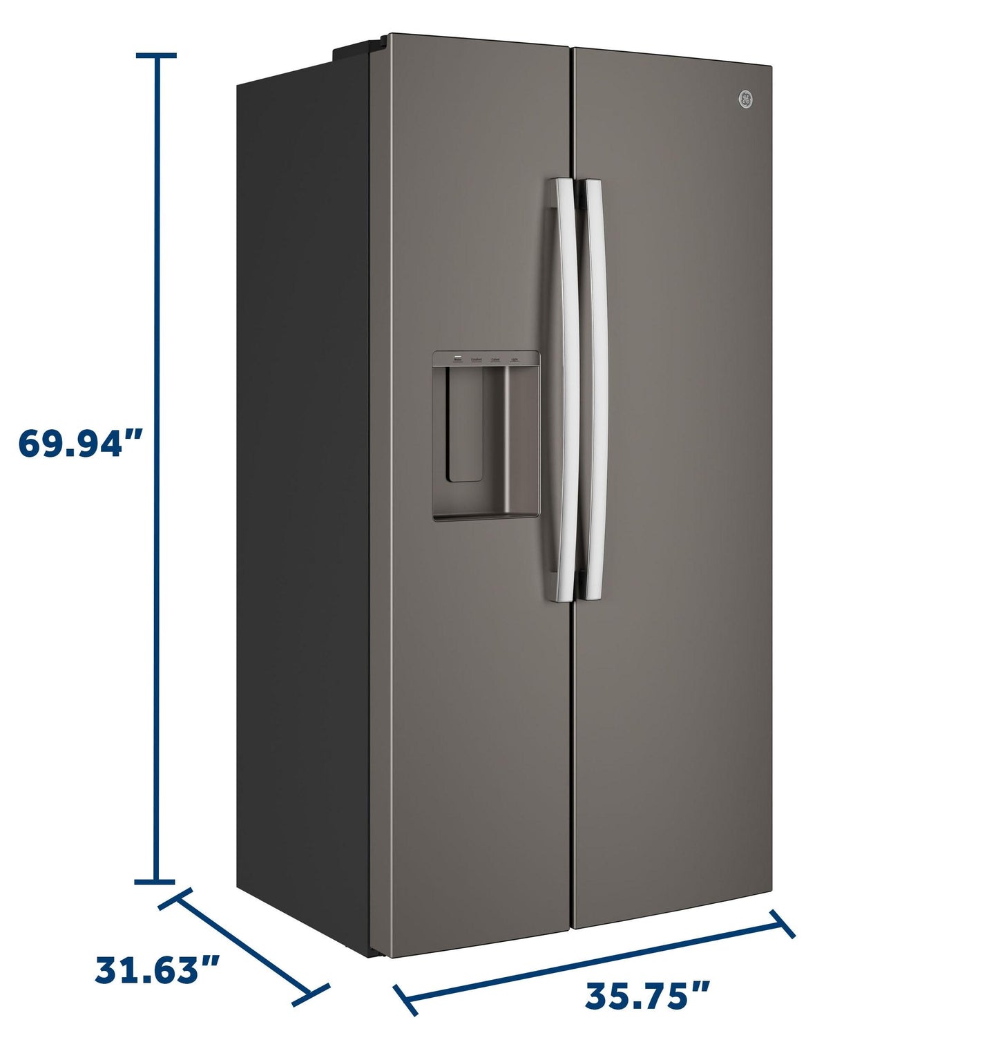 GZS24NMYES GE® 23.6 Cu. Ft. Counter-Depth Side-By-Side Refrigerator with Extra Tall Dispenser and In-Door Icemaker