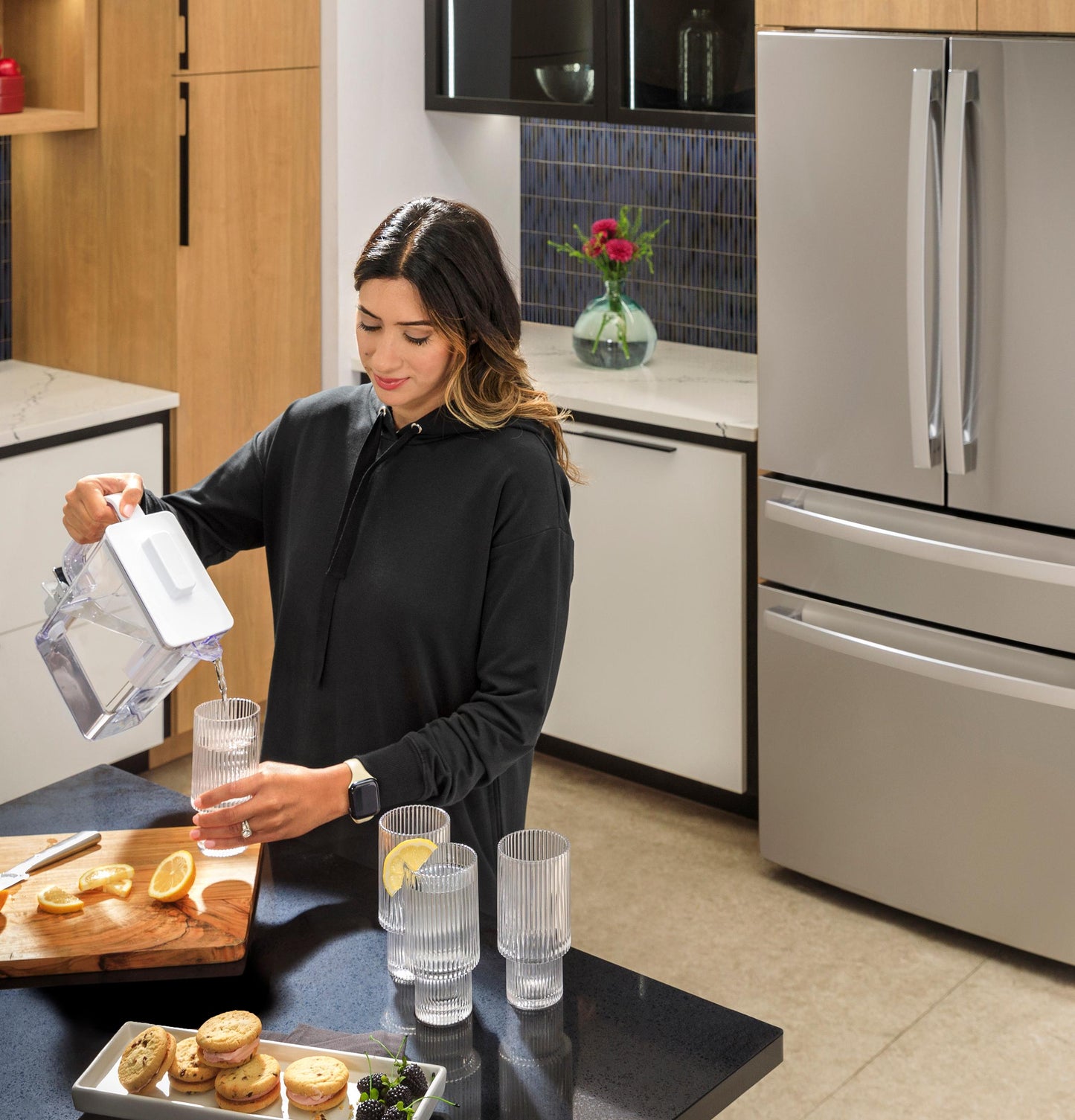PHD23BYWFS GE Profile™ ENERGY STAR® 22.9 Cu. Ft. Counter-Depth Quad-Door Refrigerator with Dual-Dispense AutoFill Pitcher and Door in Door