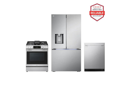 Lg LRYXC2606SLSGL6337XLDNTH753S 26 cu. ft. Smart Counter-Depth MAX™ Four Types of Ice French Door Refrigerator with Slide-in Gas Range and Top Control Dishwasher Kitchen Package in Stainless Steel