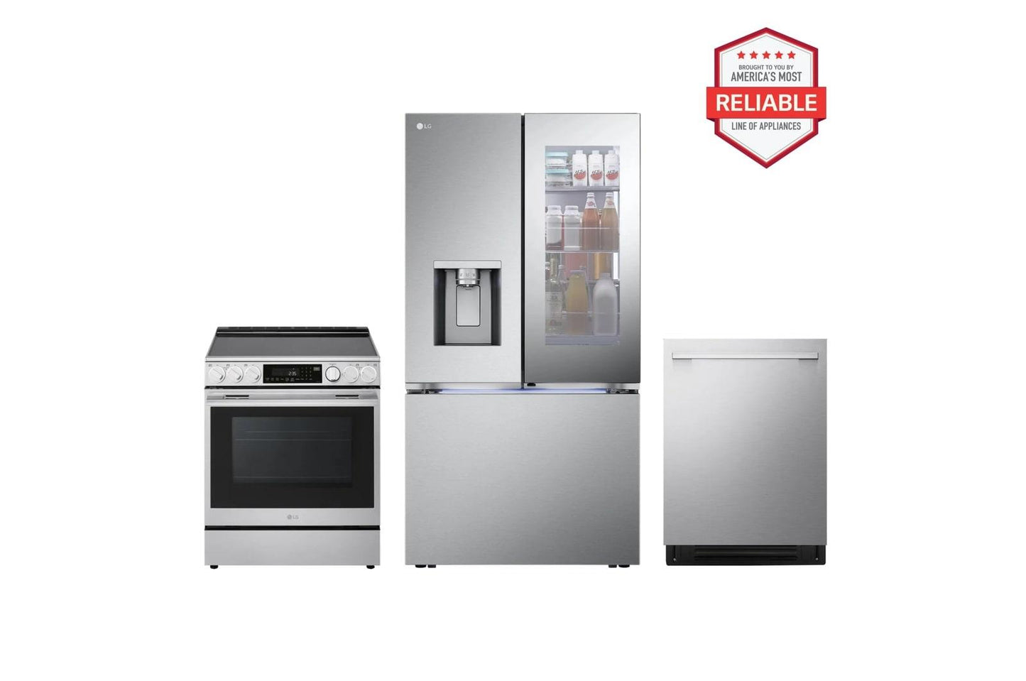 Lg LRYKC2606SLSEL6337XELDNTH753S 26 cu. ft. Counter-Depth Instaview Craft Ice French Door Refrigerator with Slide-in Electric Range and Top Control Dishwasher Kitchen Package in Stainless Steel