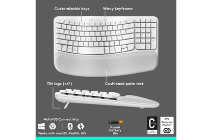 Lg 920013611 Logitech Wave Keys & Lift Vertical Mouse - Ergonomic Wireless Keyboard and Mouse Combo - with Cushioned Palm Rest (Off-white)