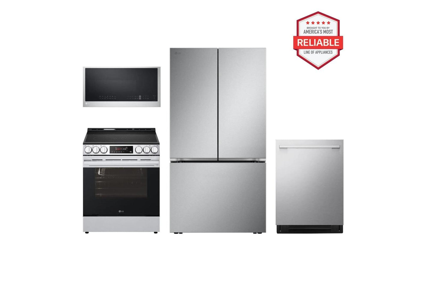 Lg LRFLC2716SLSEL6333XEMVEL2033FLDNTM545S 27 cu. ft. Smart Counter-Depth MAX™ French Door Pocket Handle Refrigerator with Slide-in Electric Range, Top Control Dishwasher and Microwave Kitchen Package in Stainless Steel