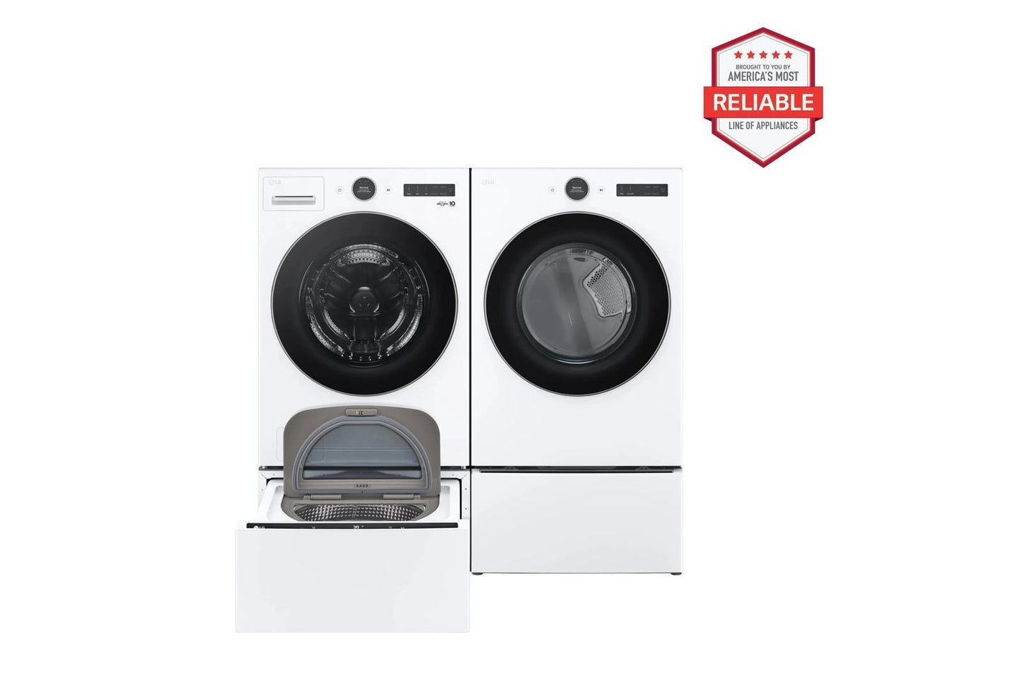 Lg WM5500HWADLEX5500WWD300CWWDP6W 4.5 cu. ft. Front Load Washer and 7.4 cu. ft. Electric Dryer with pedestal washer and drawer Laundry Set in White