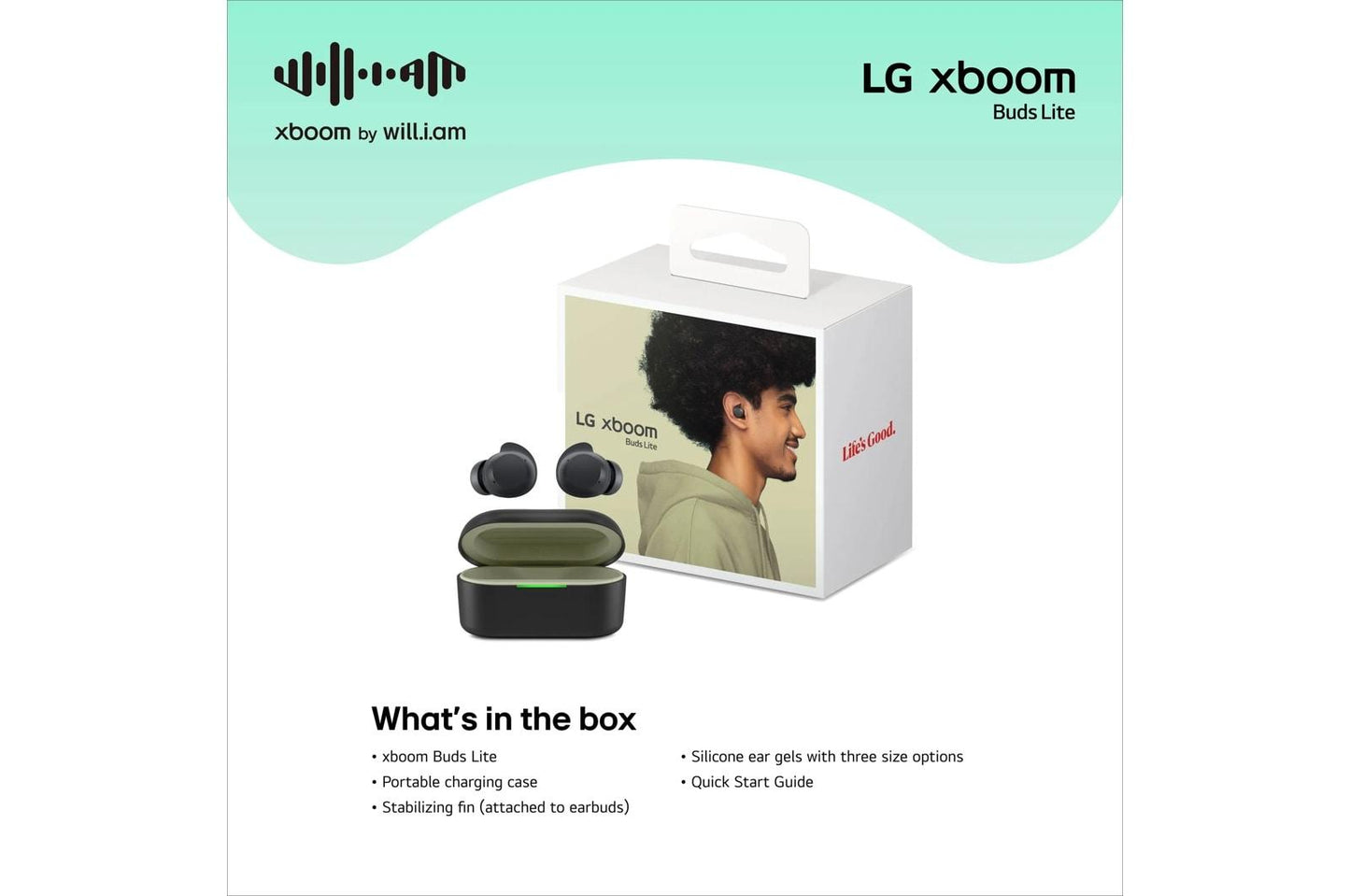 BUDSLITEAUSALBK LG xboom Buds Lite by will.i.am  Bluetooth Earbuds  xboom Signature Sound with up to 35 Hrs of Battery Life, Black