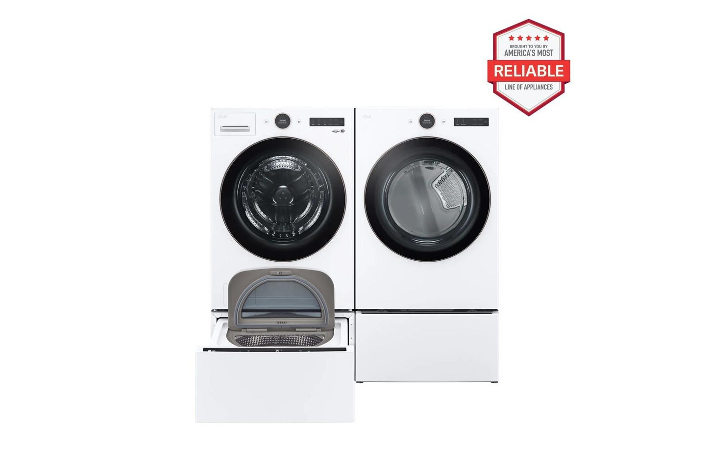 Lg WM6500HWADLEX6500WWD300CWWDP6W 5.0 cu. ft. Front Load Washer and 7.4 cu. ft. Electric Dryer with pedestal washer and drawer Laundry Set in White
