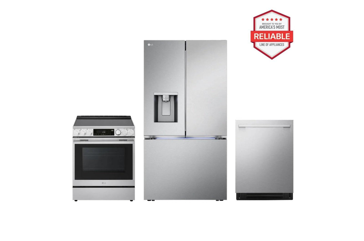Lg LRYXC2606SLSEL6337XELDNTH753S 26 cu. ft. Smart Counter-Depth MAX™ Four Types of Ice French Door Refrigerator with Slide-in Electric Range and Top Control Dishwasher Kitchen Package in Stainless Steel