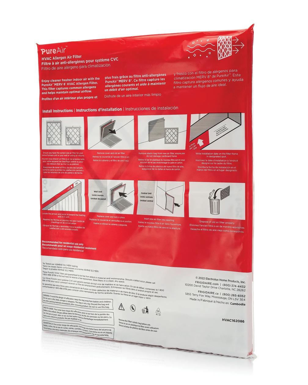 Frigidaire HVAC162086 PureAir® 16" x 20" x 1" MERV 8 Allergen Air Filter - 6 Pack