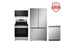 Lg LRFLC2716SLREL6321SMVEM1621YLDFN3432T 27 cu. ft. Smart Counter-Depth MAX™ French Door Pocket Handle Refrigerator with Freestanding Electric Range, Front Control Dishwasher and Microwave Kitchen Package in Stainless Steel