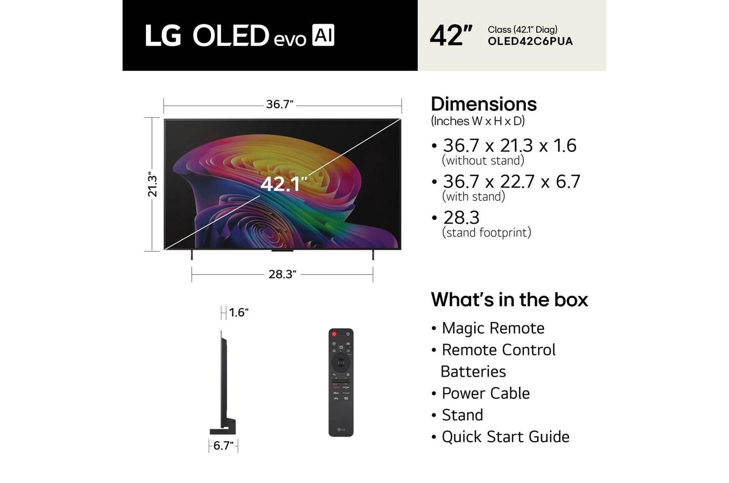 Lg OLED42C6PUA 42 Inch Class LG OLED evo AI C6 4K Smart TV 2026