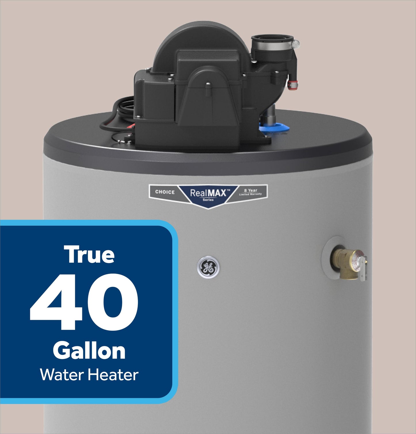 GG40T08AYV GE RealMAX Choice 40-Gallon Tall Natural Gas Power Vent Low-NOx Water Heater