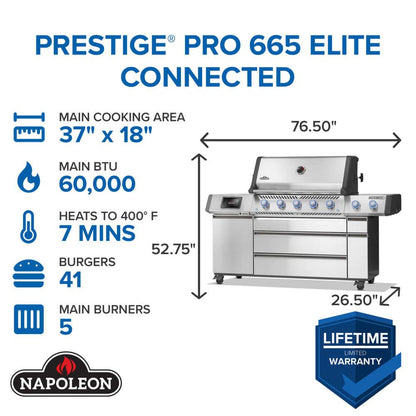 Napoleon Bbq PRO665VXRSIBNSS Prestige PRO 665 Elite with Smart Technology & Electric Smoker Box , Natural Gas, Stainless Steel