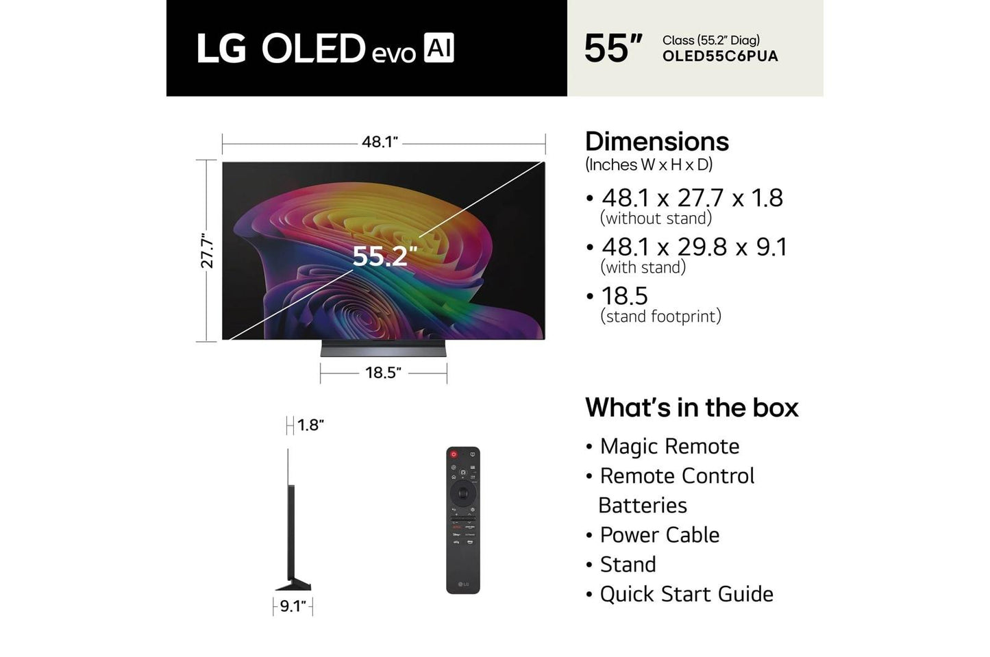 Lg OLED55C6PUA 55 Inch Class LG OLED evo AI C6 4K Smart TV 2026