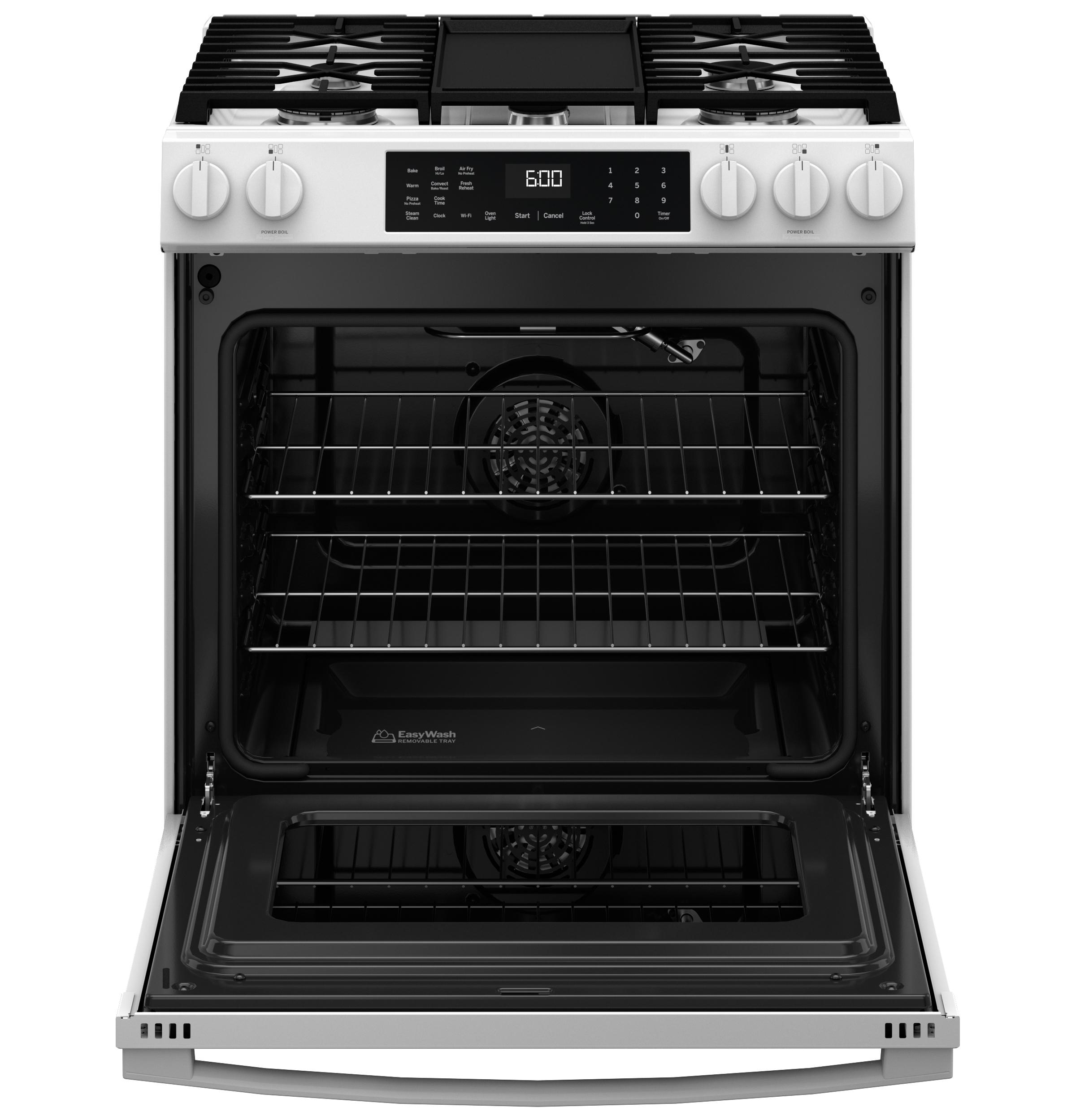 GGS600AVWW GE® 30" Slide-In Front-Control Convection Gas Range with No Preheat Air Fry and EasyWash™ Oven Tray