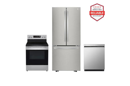Lg LFCS22520SLREL6321SLDFN3432T 22 cu. ft. Standard-Depth French Door Refrigerator with Freestanding Electric Range and Front Control Dishwasher Kitchen Package in Stainless Steel
