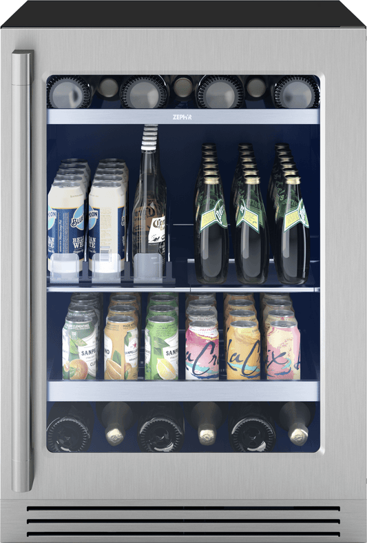 Zephyr PRPB24C01CG Presrv Pro Beverage Cooler, 24in Under Cabinet, SS+Glass, Reverse Door, 1 Zone