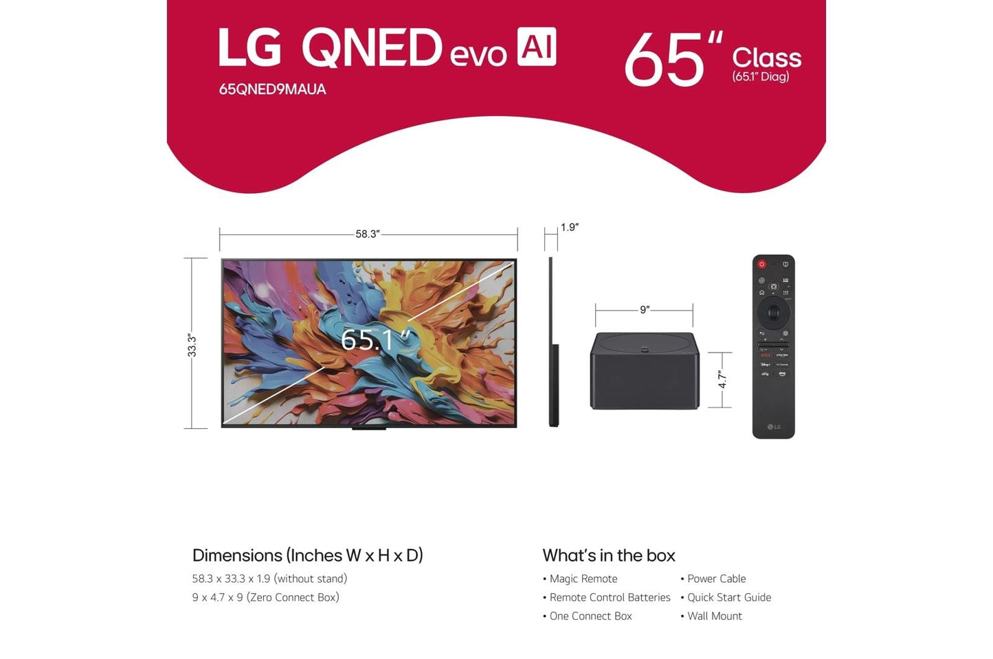 Lg 65QNED9MAUA 65 Inch Class LG QNED evo AI QNED9MA Mini LED 4K Smart TV 2025 with True Wireless Video & Audio Transfer with Supplied Wall Mount