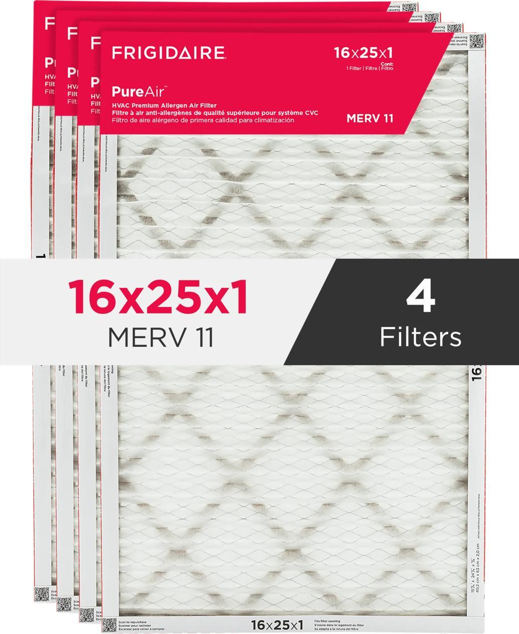 Frigidaire HVAC1625114 PureAir® 16" x 25" x 1" MERV 11 Premium Allergen Air Filter - 4 Pack