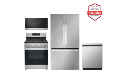 Lg LRFLC2706SLRGL5821SMVEM1621YLDFN3432T 27 cu. ft. Smart Counter-Depth MAX™ French Door Refrigerator with Freestanding Gas Range, Front Control Dishwasher and Microwave Kitchen Package in Stainless Steel