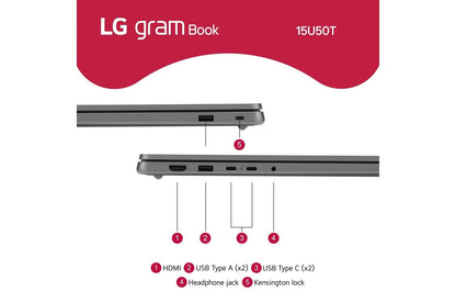 15U50TGARS1U1 LG gram Book 15.6 Inch, Thin and Lightweight Laptop, Windows 11 Home, Intel® Core™ i5-1334U, 8GB RAM, 256GB SSD, Titan Silver