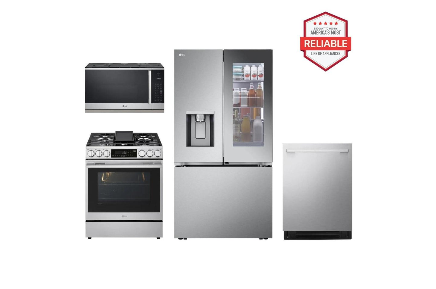 Lg LRYKC2606SLSGL6337XMVEL2125XLDNTH753S 26 cu. ft. Counter-Depth Instaview Craft Ice French Door Refrigerator with Slide-in Gas Range, Top Control Dishwasher and Microwave Kitchen Package in Stainless Steel
